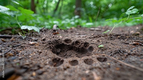 A single animal paw print in the dirt of a forest floor.