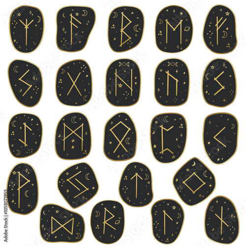 Elder Futhark Runes Set on Black Stones with Golden Elements, Isolated on White Background