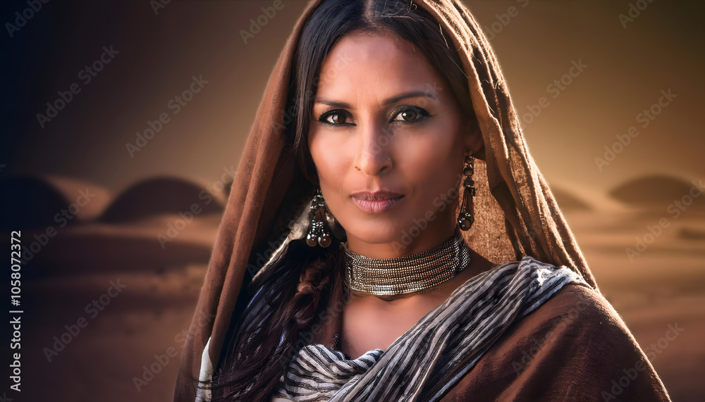 Sahrawi woman wearing a brown shaila scarf on her head in the desert Sahrawi woman wearing a brown shaila scarf on her head in the desert