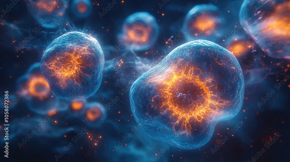 Glowing cells with orange and blue hues, floating in a dark, abstract space, showing cellular structures and vibrant colors Glowing cells with orange and blue hues, floating in a dark, abstract space, showing cellular structures and vibrant colors