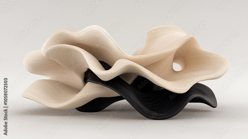 A unique chair with a blend of black and white wood, showcasing fluid curves and parametric design, perfect for modern interiors A unique chair with a blend of black and white wood, showcasing fluid curves and parametric design, perfect for modern interiors