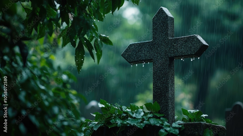 A stone cross stands tall in a cemetery, rain falling softly around it. The green foliage and grey stone create a somber mood. A stone cross stands tall in a cemetery, rain falling softly around it. The green foliage and grey stone create a somber mood.