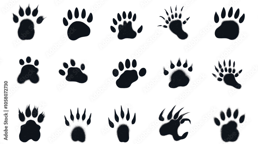 Set of sixteen black animal paw print illustrations in various shapes and styles on a white background Set of sixteen black animal paw print illustrations in various shapes and styles on a white background