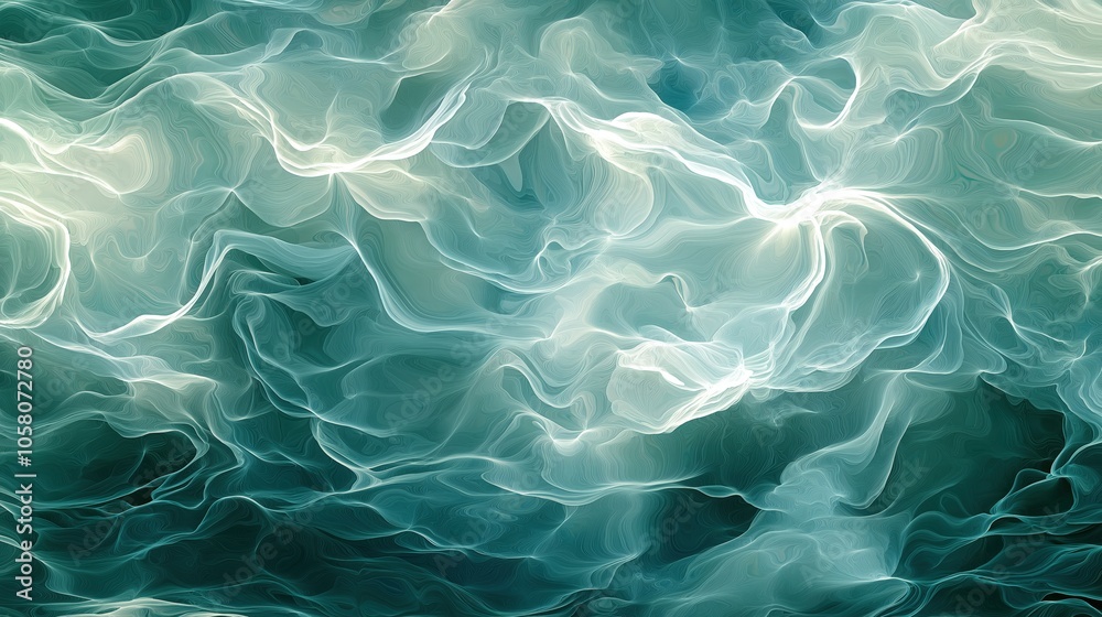 Ethereal waves of abstract turbulence serene flowing patterns in teal and white tones Ethereal waves of abstract turbulence serene flowing patterns in teal and white tones