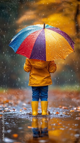 Autumn background with child and umbrella