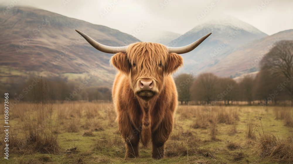 A Highland Cow stands in a field with mountains in the background. A Highland Cow stands in a field with mountains in the background.