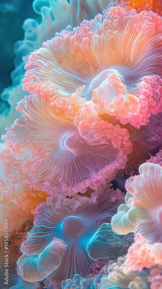 Vibrant ocean anemones displaying iridescent colors and intricate patterns in underwater setting Vibrant ocean anemones displaying iridescent colors and intricate patterns in underwater setting
