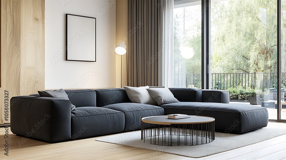 Fototapeta premium Cozy Modern Living Room with Neutral Tones, Stylish Decor, and Elegant Architecture- generative ai