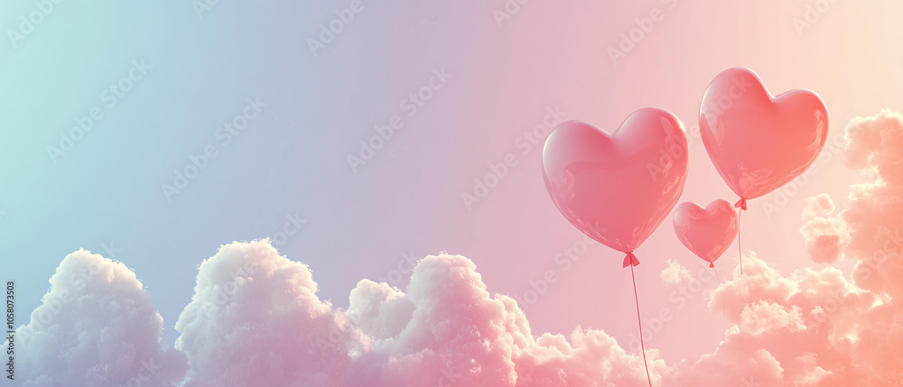 Three Pink Heart Balloons Floating in a Pastel Sky with Clouds Three Pink Heart Balloons Floating in a Pastel Sky with Clouds