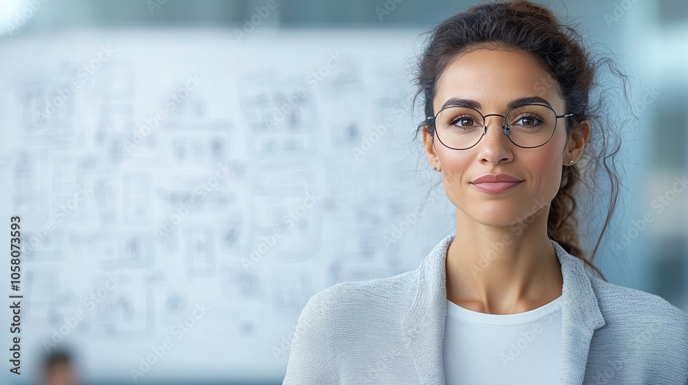 Side profile of a thoughtful entrepreneur looking at a whiteboard full of diagrams. Side profile of a thoughtful entrepreneur looking at a whiteboard full of diagrams.