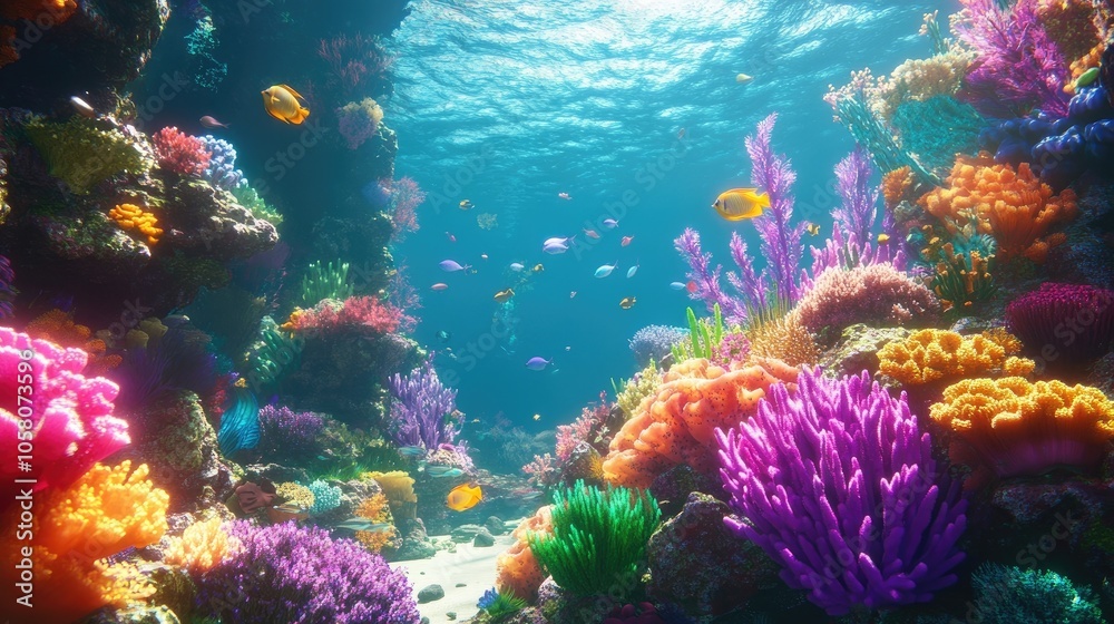 Fototapeta premium A vibrant coral reef teeming with life, featuring bright orange fish swimming among colorful coral formations.