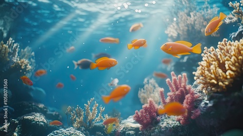 A vibrant underwater scene with colorful fish swimming among coral reefs. The sunlight streams through the water, creating a magical atmosphere.