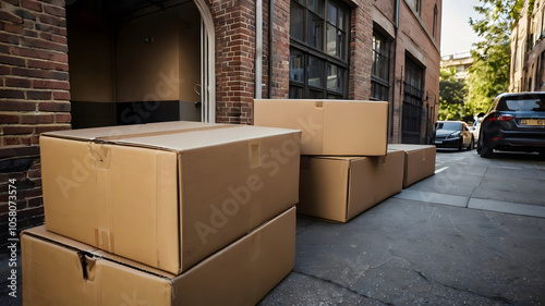 Cajas de entrega frente a un elegante edificio
