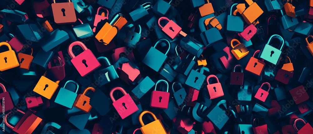 Colorful Padlocks Scattered on a Dark Background, Security Concept, Security Conce Colorful Padlocks Scattered on a Dark Background, Security Concept, Security Conce