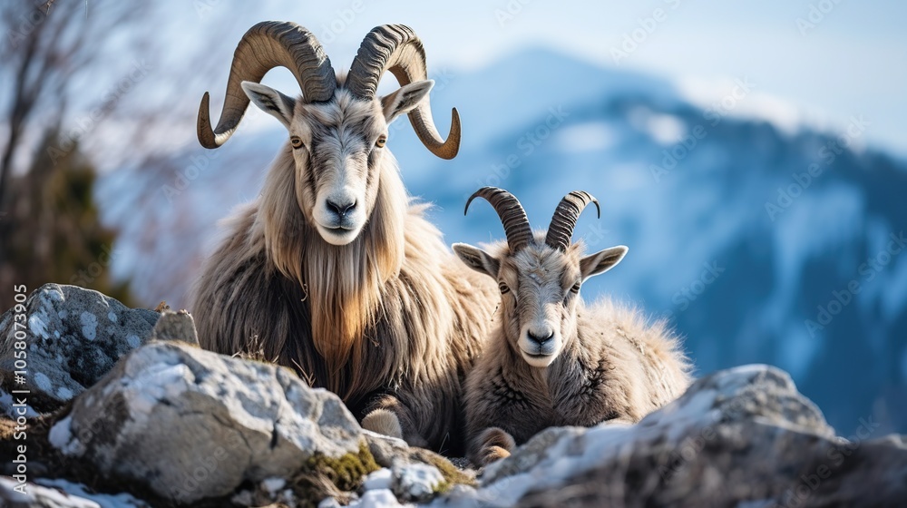 Two wild goats with large curled horns sit on rocky terrain with a snow-capped mountain range in the background. Two wild goats with large curled horns sit on rocky terrain with a snow-capped mountain range in the background.