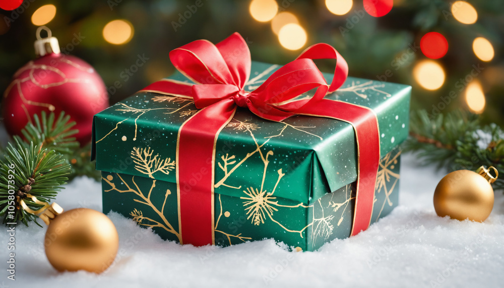 Beautifully Wrapped Christmas Present with Holiday Decorations on Snowy Background Beautifully Wrapped Christmas Present with Holiday Decorations on Snowy Background