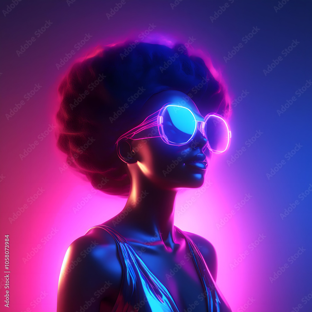 A woman with a big afro is wearing sunglasses and a striped shirt on a pink and blue background. A woman with a big afro is wearing sunglasses and a striped shirt on a pink and blue background.