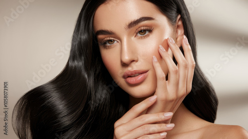 A woman with long black hair and brown eyes is posing for a picture. She has her hands on her face and is smiling. Concept of confidence and beauty