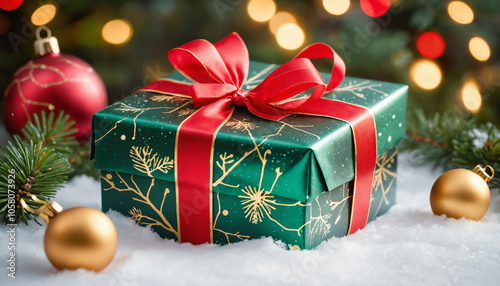 Beautifully Wrapped Christmas Present with Holiday Decorations on Snowy Background