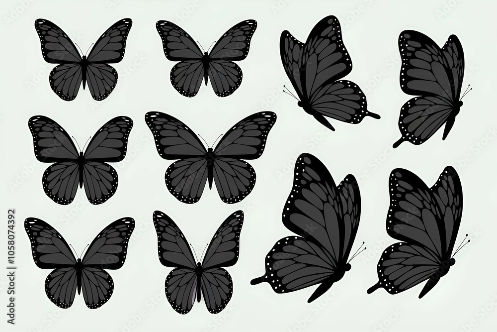 Fototapeta premium Set of Graceful Butterfly Silhouettes in Black and White