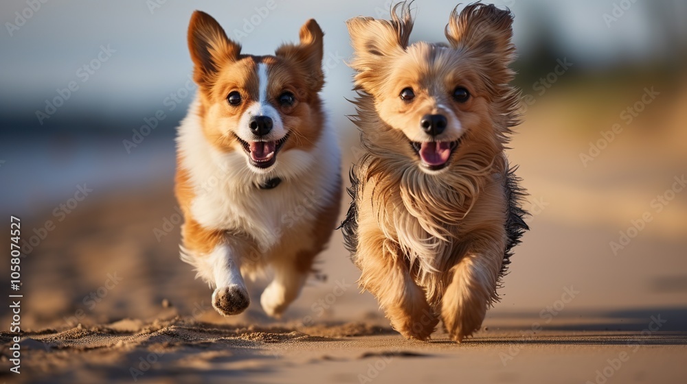 Two adorable dogs running towards the camera on a sandy beach with happy expressions. Two adorable dogs running towards the camera on a sandy beach with happy expressions.