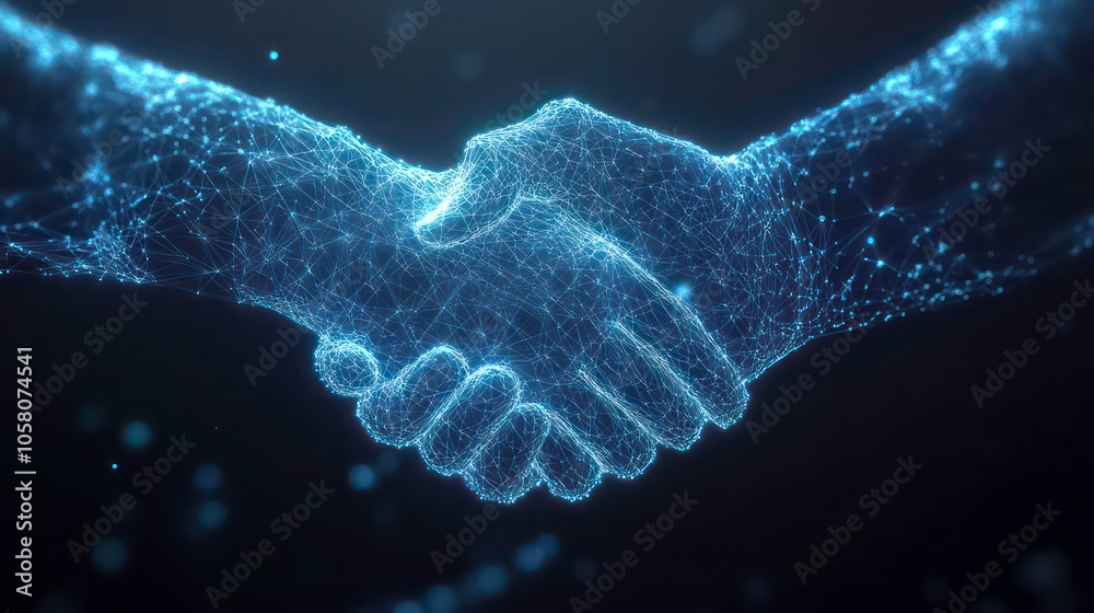 Two digital hands shaking, forming a glowing blue handshake, against a ...
