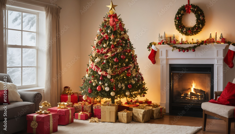 Beautifully Decorated Christmas Tree with Red and Gold Ornaments in Cozy Living Room Beautifully Decorated Christmas Tree with Red and Gold Ornaments in Cozy Living Room
