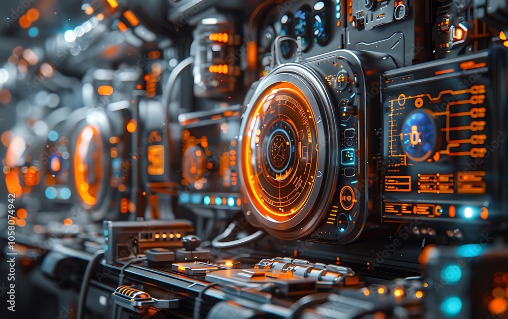 A futuristic, high-tech control panel featuring glowing orange elements, intricate circuits, and multiple digital displays. A futuristic, high-tech control panel featuring glowing orange elements, intricate circuits, and multiple digital displays.