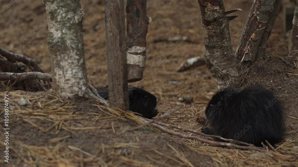 A young black nutria preens and eats in a pine forest. The animal is also called coypu, water rat, semiaquatic rodent or myocastor coypus A young black nutria preens and eats in a pine forest. The animal is also called coypu, water rat, semiaquatic rodent or myocastor coypus
