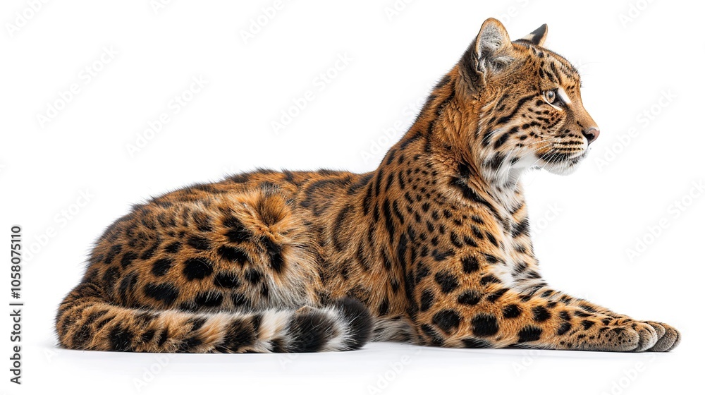A beautiful jaguar lying down on a white background, looking to the side. A beautiful jaguar lying down on a white background, looking to the side.