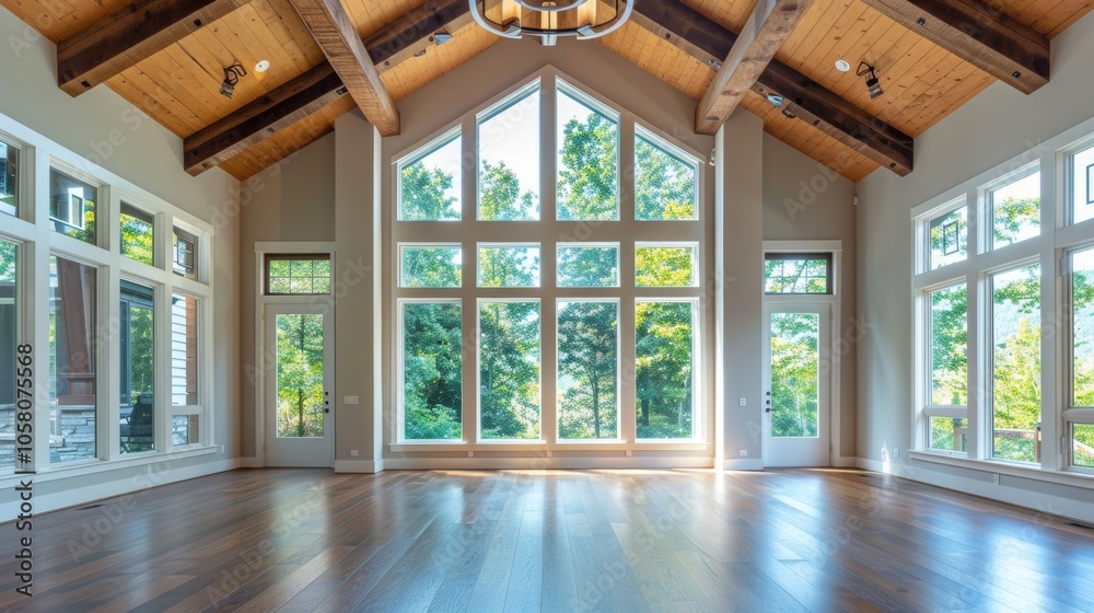 Obraz premium Natural light floods a spacious living room with wood beams and hardwood floors, offering a view of the forest outside. Luxurious and modern home interior