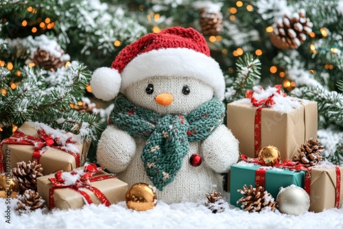 Festive snowman in a cozy scarf and hat surrounded by wrapped gifts under a decorated Christmas tree evoking a warm holiday scene filled with joyful anticipation