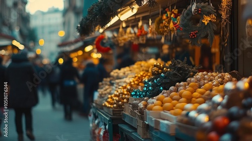 A Christmas market stall with ornaments and decorations, with a crowd of people walking in the background.