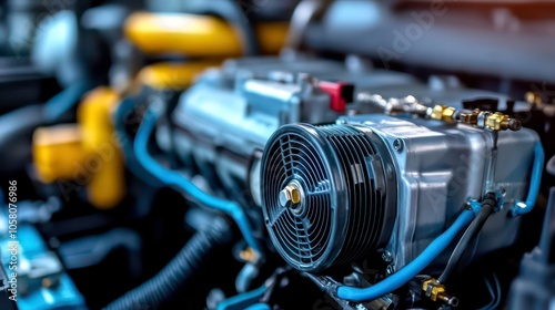 Close-up of a car engine with a black fan and blue hoses. photo