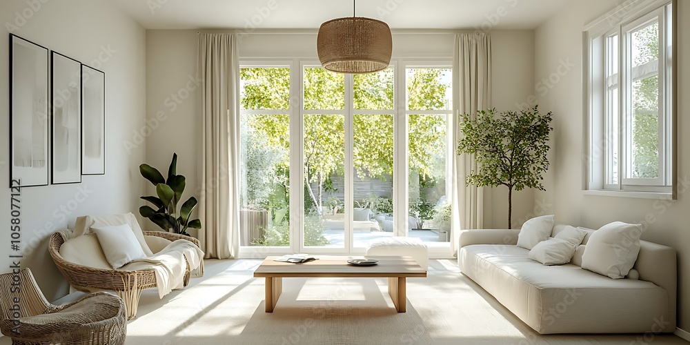 Fototapeta premium Cozy Modern Living Room with Neutral Tones, Stylish Decor, and Elegant Architecture- generative ai