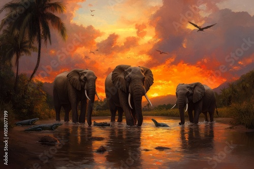 Elephants bathing in a serene sunset landscape by a water body.