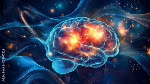 A digital rendering of a human brain with glowing lights inside its structure. The brain appears to be floating in a dark space, with a blue and white energy field swirling around it.