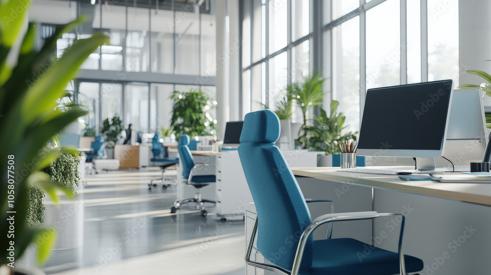 Modern office interior with blue chairs, plants, and large windows Modern office interior with blue chairs, plants, and large windows