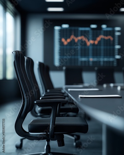 Empty conference room with chairs around an oval table with a financial chart on the screen. photo