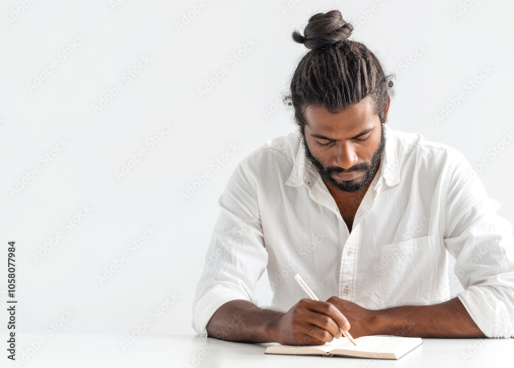 Focused Indian man writing in notebook with pen at white desk Focused Indian man writing in notebook with pen at white desk