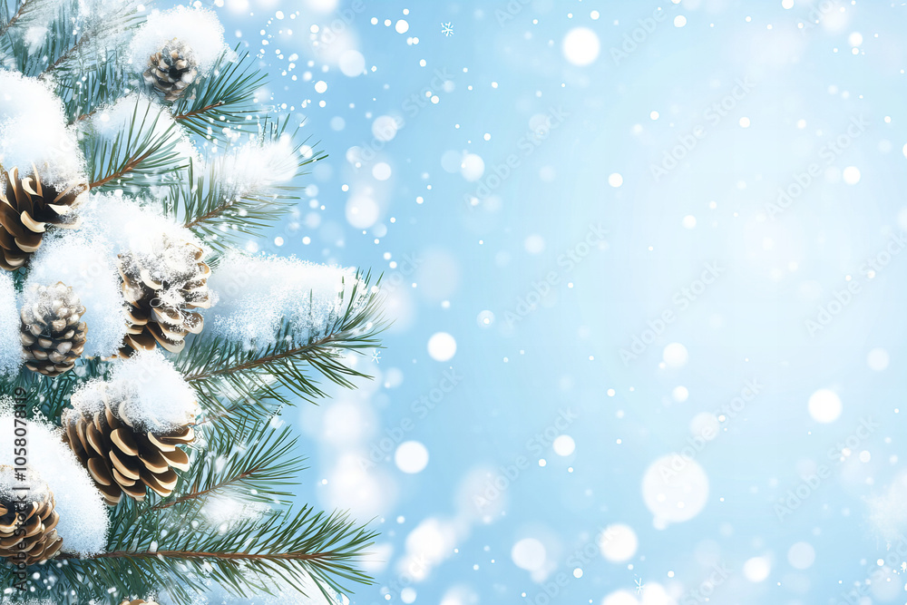 Snowy Pine Tree Backgroundwith Copy Space in Winter Wonderland Scenery with Blue Sky, Ideal for Holiday and Seasonal Design Themes Snowy Pine Tree Backgroundwith Copy Space in Winter Wonderland Scenery with Blue Sky, Ideal for Holiday and Seasonal Design Themes