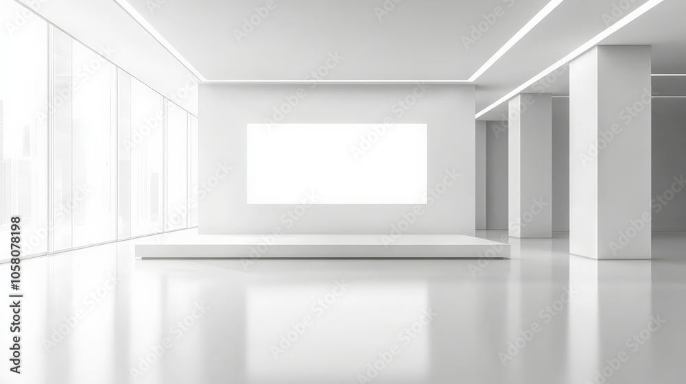 spacious, modern interior featuring blank wall and platform, ideal for exhibitions or presentations. bright, minimalist design enhances creativity and focus spacious, modern interior featuring blank wall and platform, ideal for exhibitions or presentations. bright, minimalist design enhances creativity and focus