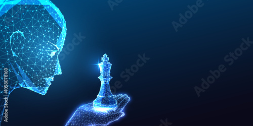 AI for business strategy concept with robotic head holding king chess piece on blue background. 