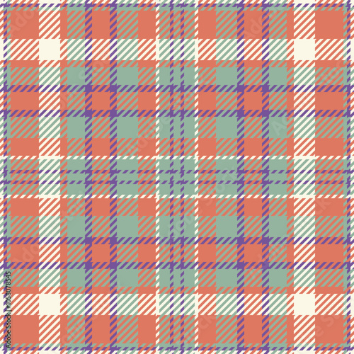 Dreamy tartan fabric pattern, cosy check vector textile. Herringbone plaid background seamless texture in red and pastel colors.