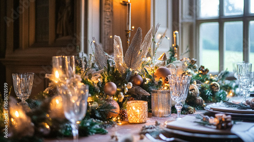 Christmas decor, country cottage style house decoration for an English countryside home interior design, winter wreath holiday botanical arrangements and festive atmosphere, Merry Christmas and Happy