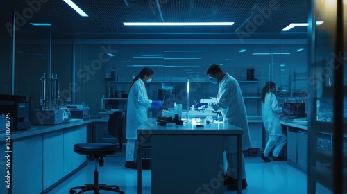 Advanced forensic science laboratory with scientists conducting research in a high-tech environment