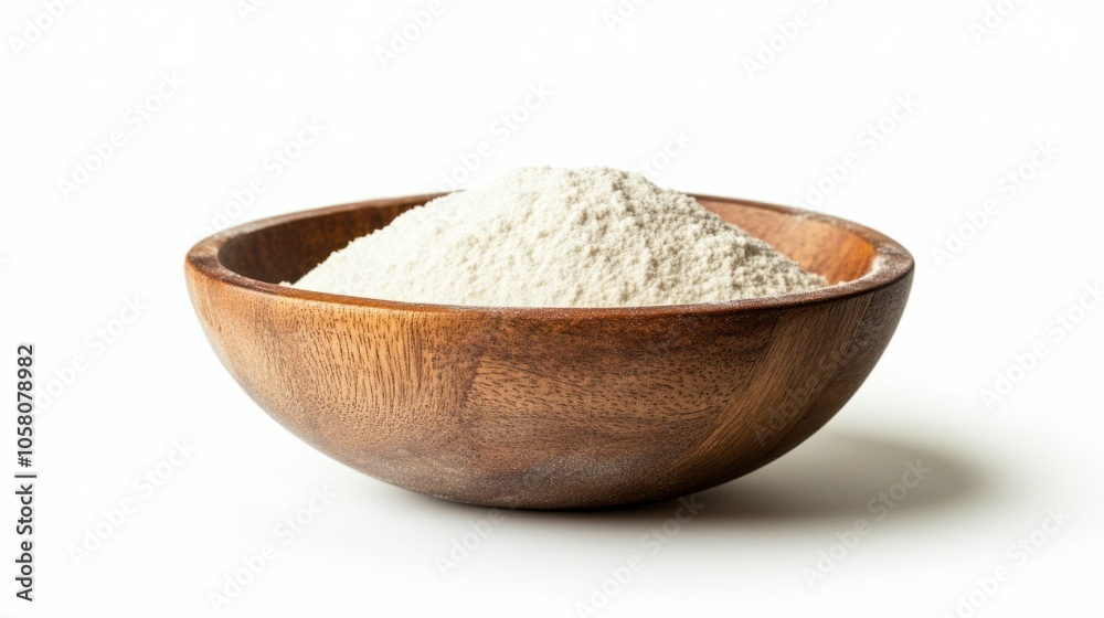 Wooden bowl filled with fine white flour, showcasing simple ingredients, isolated on white background Wooden bowl filled with fine white flour, showcasing simple ingredients, isolated on white background