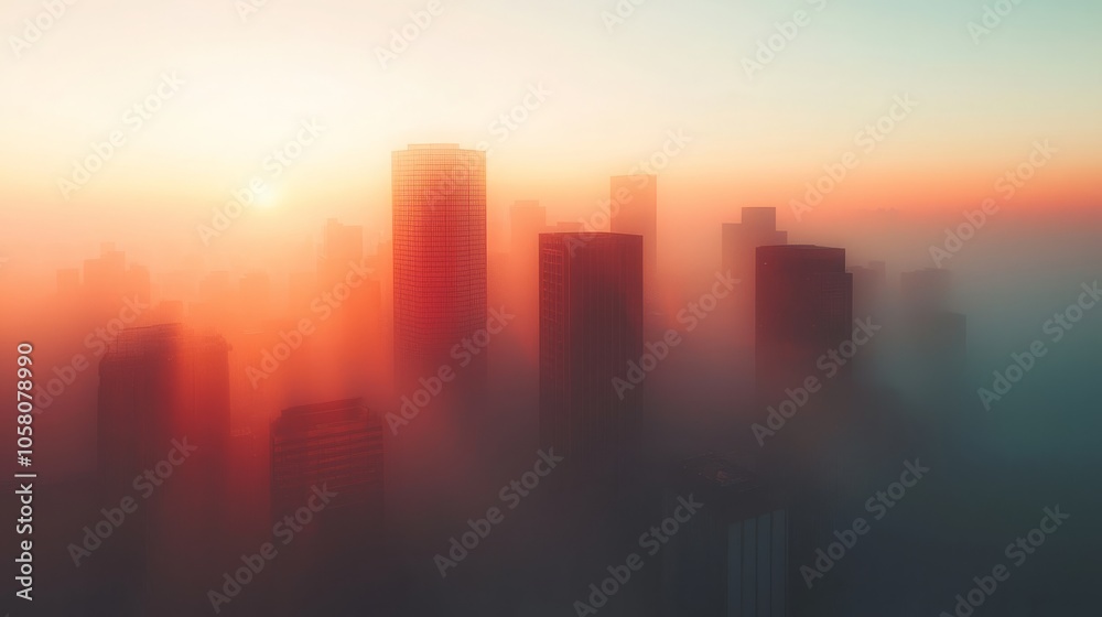 A foggy sunrise casts an ethereal glow over a cityscape, with skyscrapers shrouded in mist. A foggy sunrise casts an ethereal glow over a cityscape, with skyscrapers shrouded in mist.