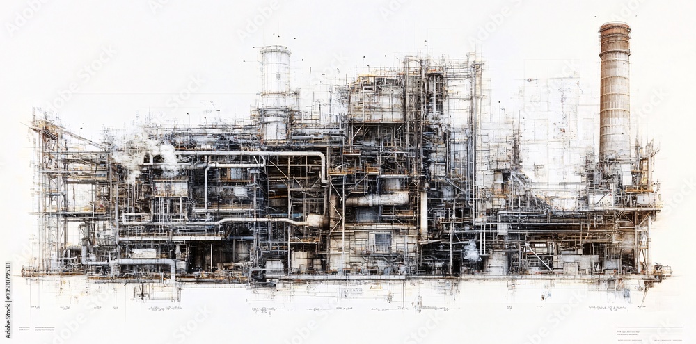 Detailed Illustration of a Factory with Pipes and Structures. Generative ai Detailed Illustration of a Factory with Pipes and Structures. Generative ai