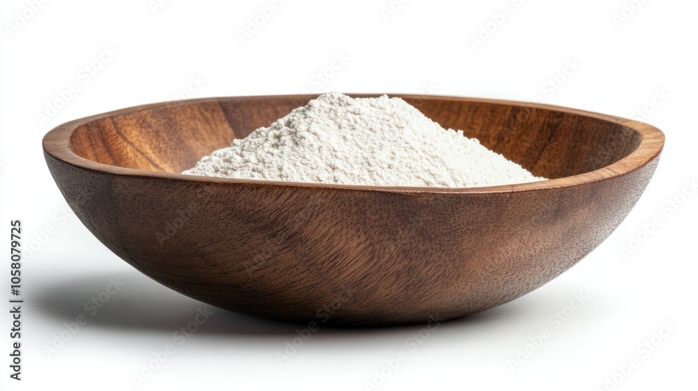 Wooden bowl filled with flour, symbolizing traditional ingredients, isolated on white background Wooden bowl filled with flour, symbolizing traditional ingredients, isolated on white background